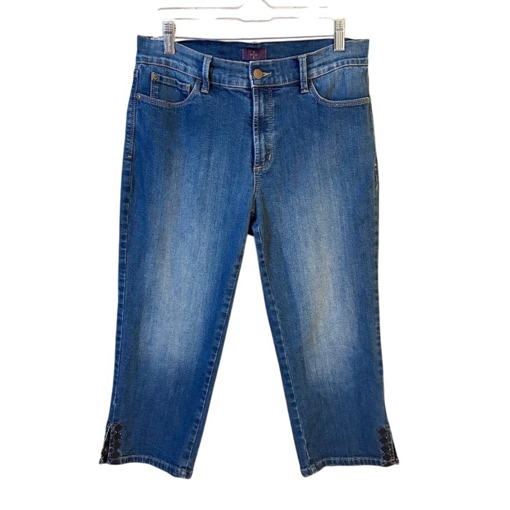 NYDJ Crop Jeans Womens 8 Blue‎ Excellent Lift Tuck Embroidered Hem Capris